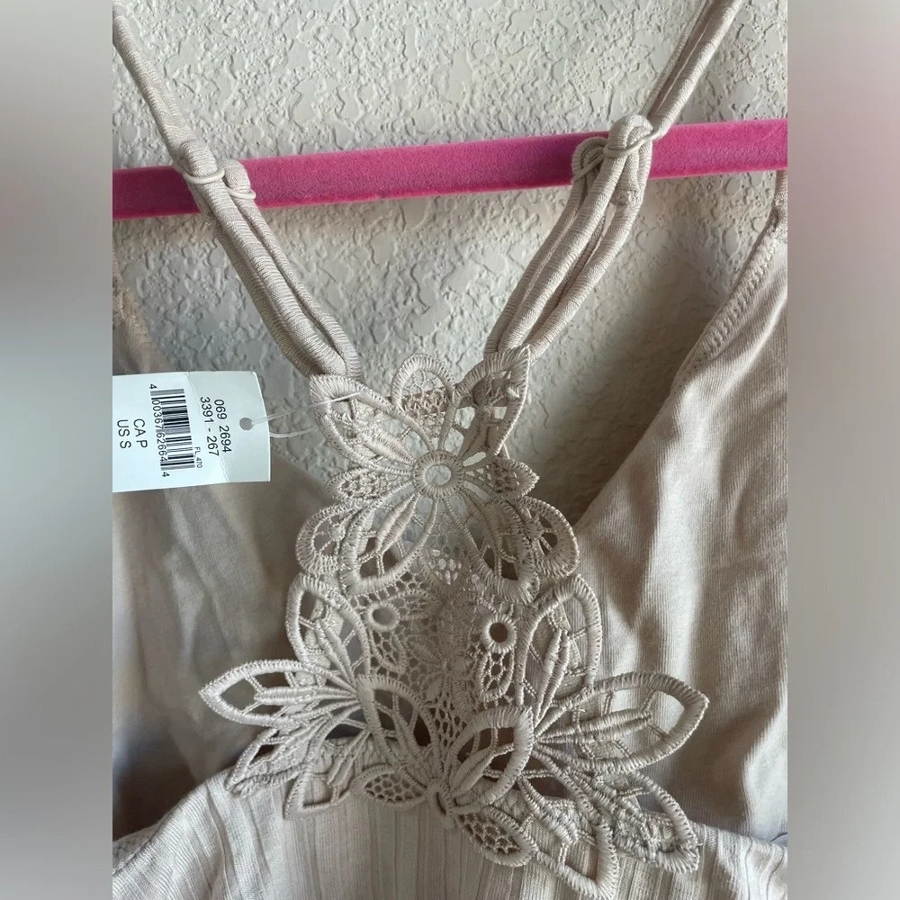 Aerie Ribbed Applique Lace Crop Tank Bralette- Light Tan‎ NWT - Picture 3 of 9